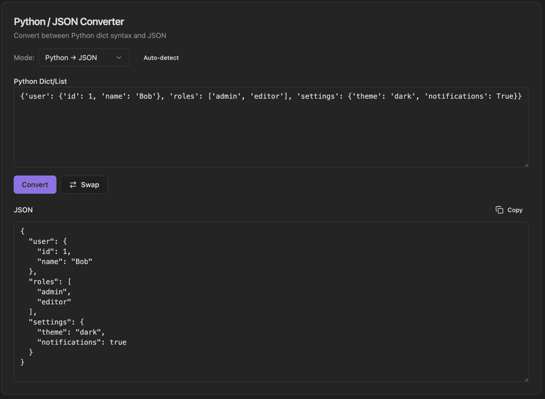 Python / JSON Converter screenshot